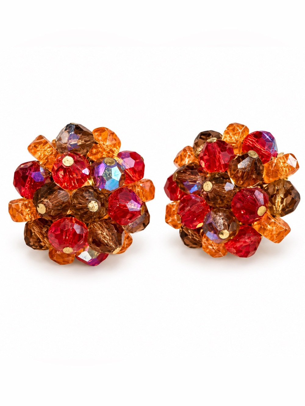 Vintage Beaded Cluster Statement Earrings - Red, Orange & Brown